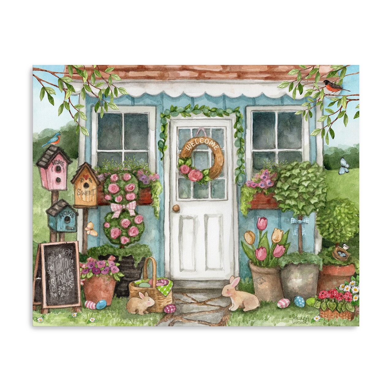 Lumaprints Blue Garden Shed Hello Spring Bunnies Canvas Giclée Art